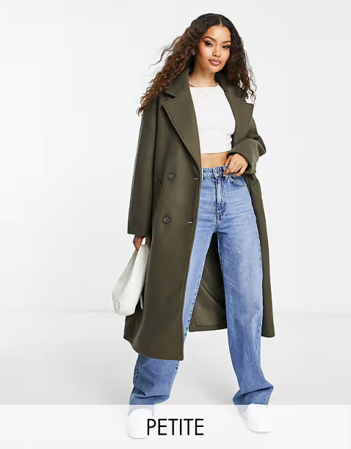 Vila Petite double breasted grandad coat in khaki green | ASOS (Global)