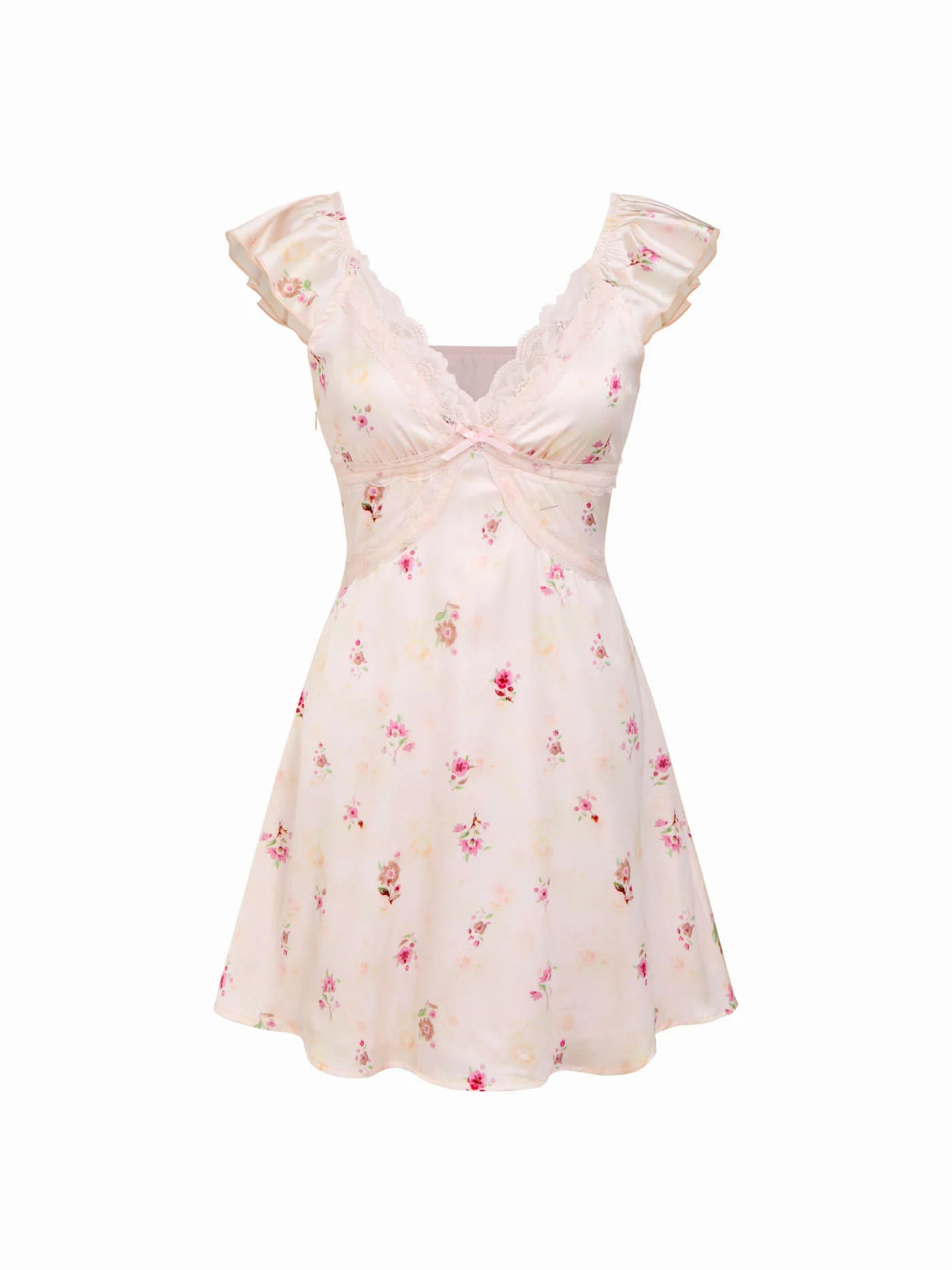 Satin Satin Floral V-neck Ruffle Sleeve Lace A-line Mini Dress For Daily Casual Date | Cider