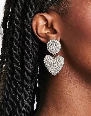 ASOS DESIGN drop earrings with oversized crystal heart design in silver tone | ASOS (Global)