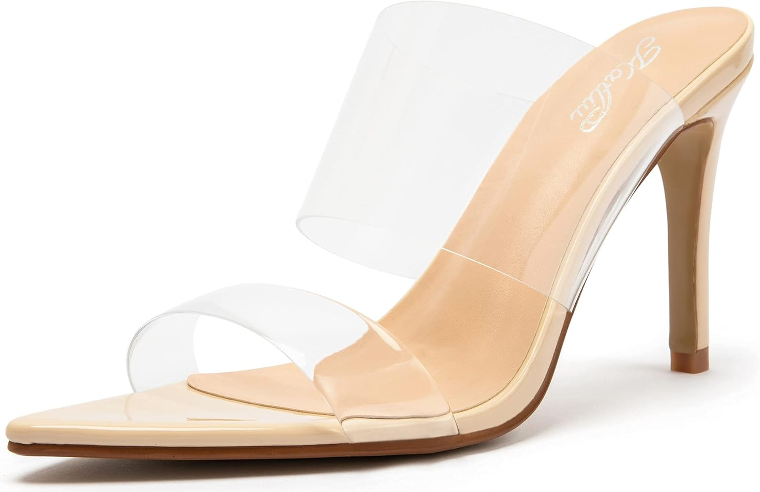 Katliu Women's Clear Pointed Toe Heels Sandals Transparent Strap Stiletto High Heels Slip on Mules H | Amazon (US)