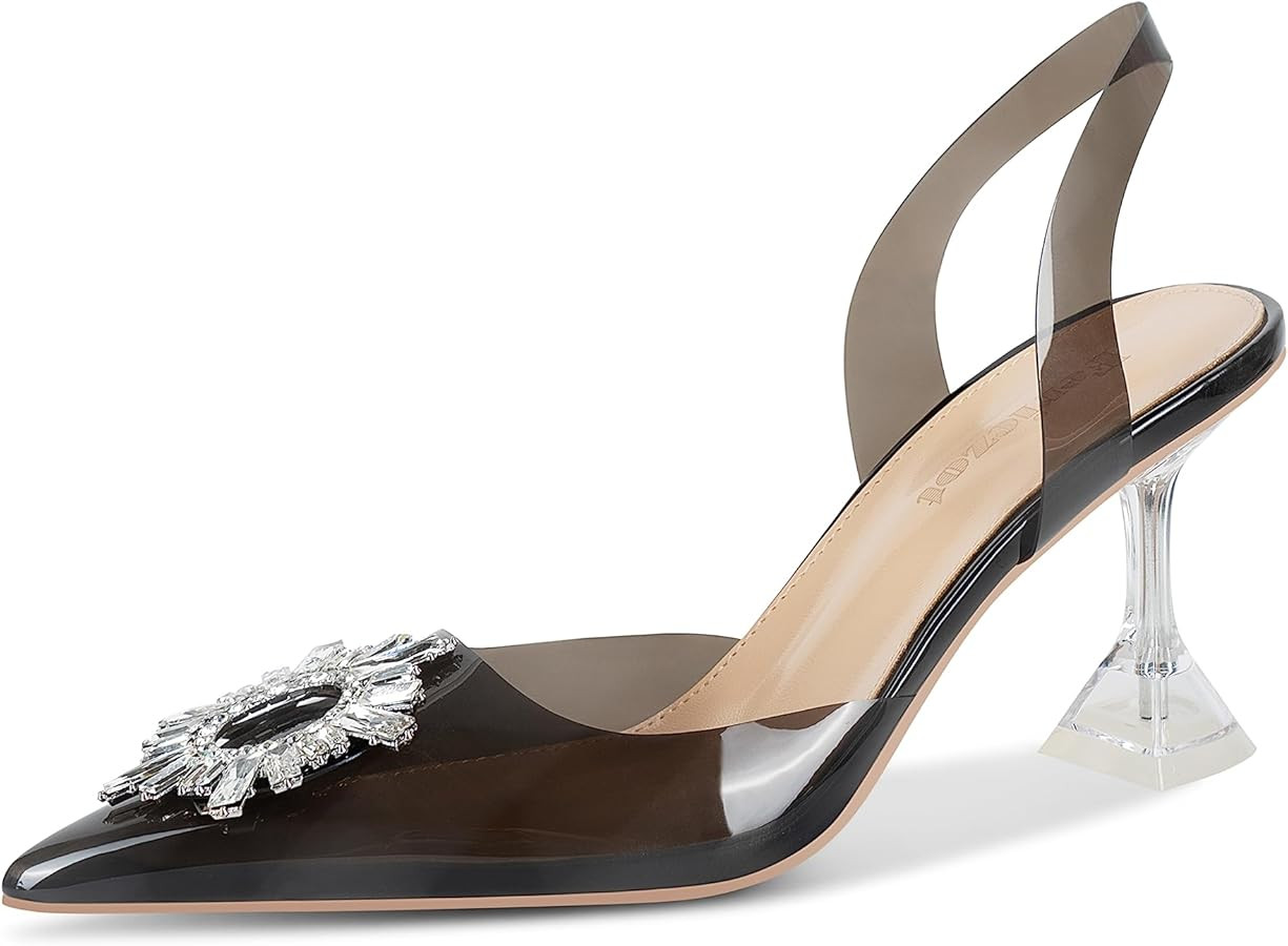Fericzot Women's Clear Heels Shoes,Slingback Crystal Rhinestones Wedding Pointed Toe Shoes High H... | Amazon (US)
