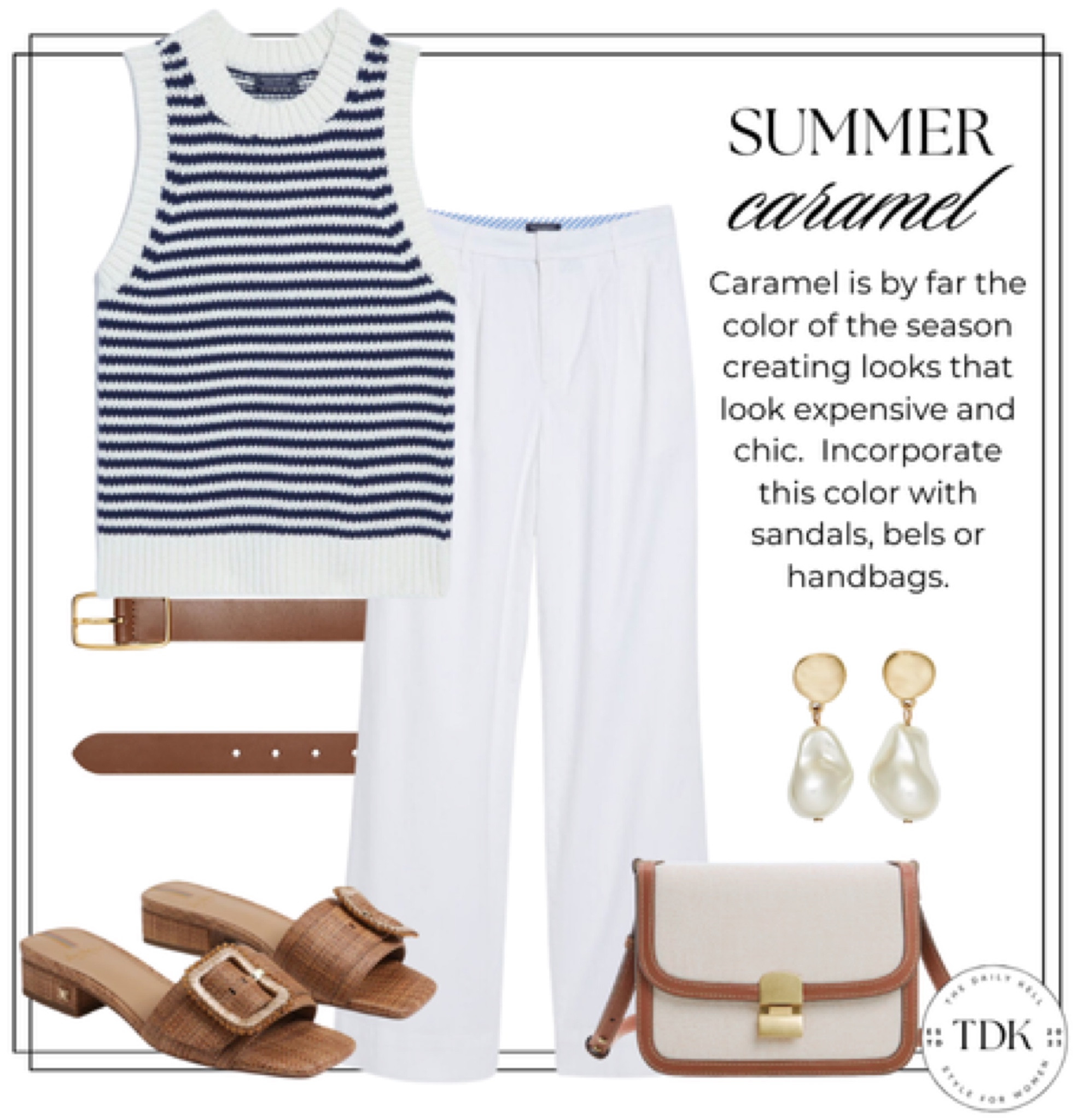 Summer chic is easy when you pair a classic white trouser with a striped top.  Add some caramel accessories to create a richer look. 


#LTKStyleTip #LTKOver40 #LTKFindsUnder100