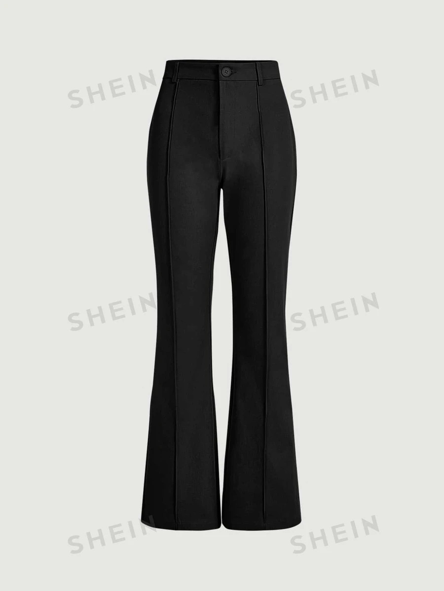 SHEIN MOD High Waist Seam Detail Flare Leg Petite Bell Bottoms Black Pants | SHEIN