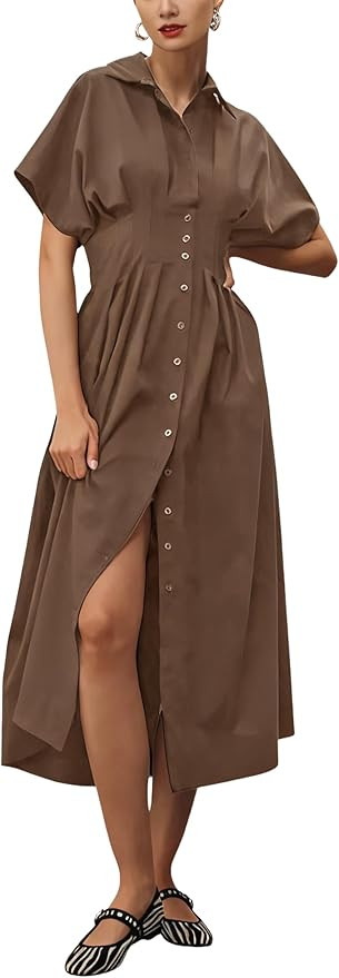 Yeokou Shirt Dress for Women Summer Casual Short Sleeve Button Down Loose Pleated Maxi Sundress w... | Amazon (US)