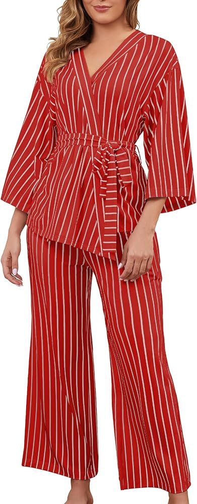 VibeVista Striped Pajamas for Women Set Kimono Lounge Sets 2 Piece Long Sleeve Pajama Tops and Pa... | Amazon (US)