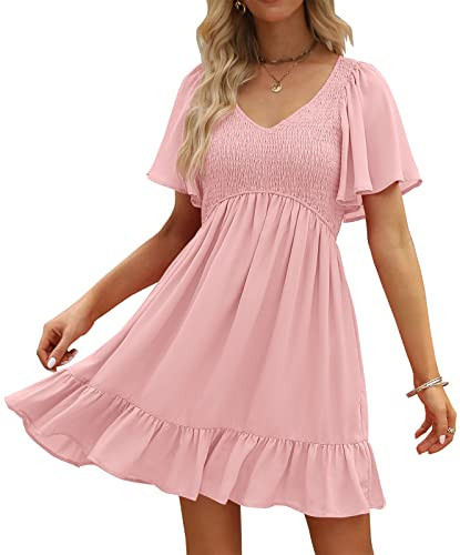 LILLUSORY Women's Flowy Casual Mini Dresses 2026 Summer Graduation Smocked V Neck Vacation Dress ... | Amazon (US)