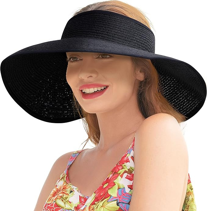 Sun Visors for Women Wide Brim Straw Hat Women Beach Visor Hats for Women Uv Protection Foldable ... | Amazon (US)