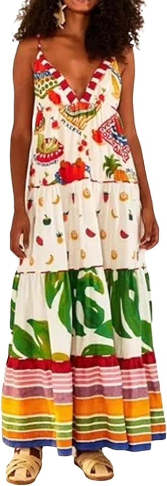 Women Y2k Boho Maxi Dress Vintage Floral Tie Shoulder Strap Sleeveless A Line Long Dress Summer B... | Amazon (US)