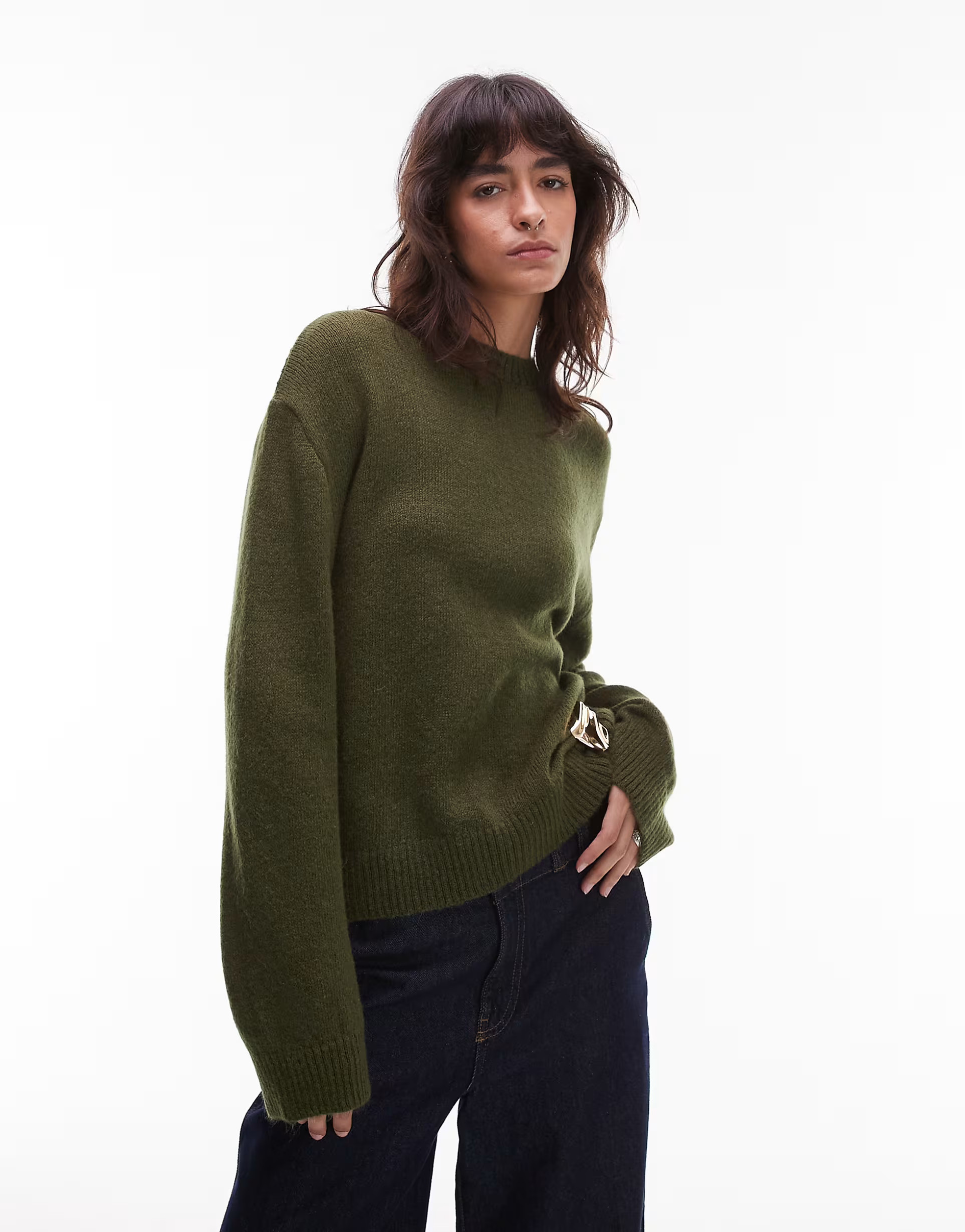 ASOS DESIGN knitted crew neck jumper with gold metal detail in khaki | ASOS (Global)