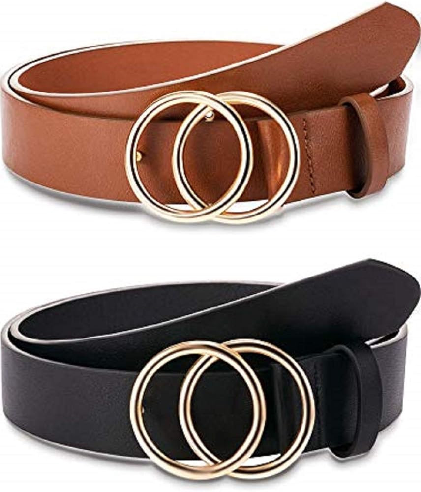 2 Pieces Women Leather Belt Faux Leather Waist Belts with Double O-Ring Buckle | Amazon (US)
