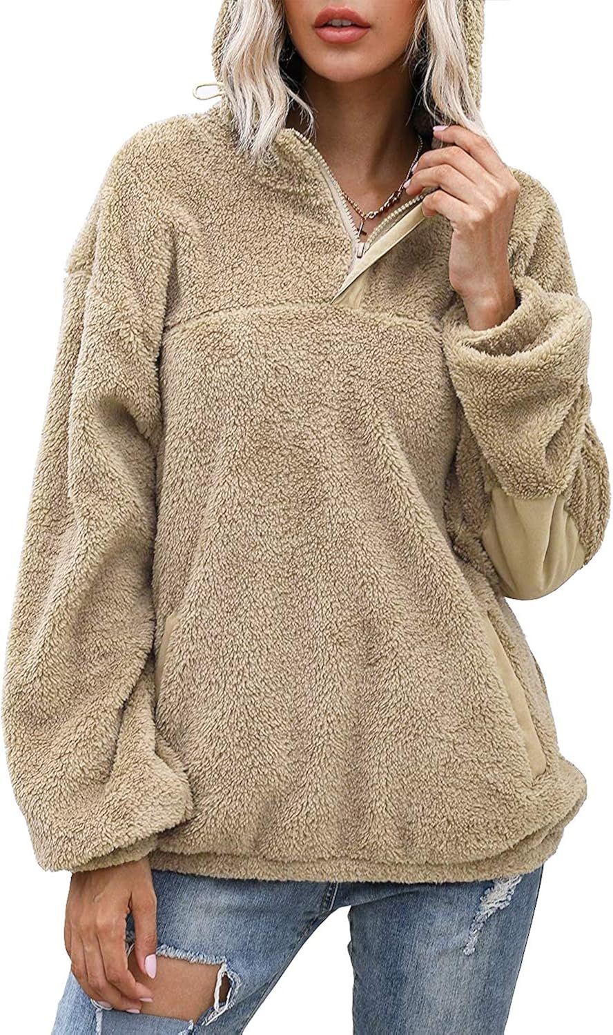 Yanekop Womens Sherpa Pullover Fuzzy Fleece Sweatshirt Oversized Hoodie with Pockets | Amazon (US)
