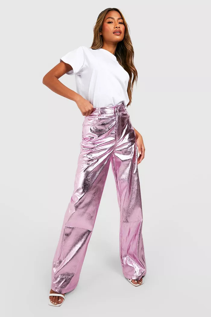High Waisted Metallic Full Length Pants | Boohoo.com (US & CA)