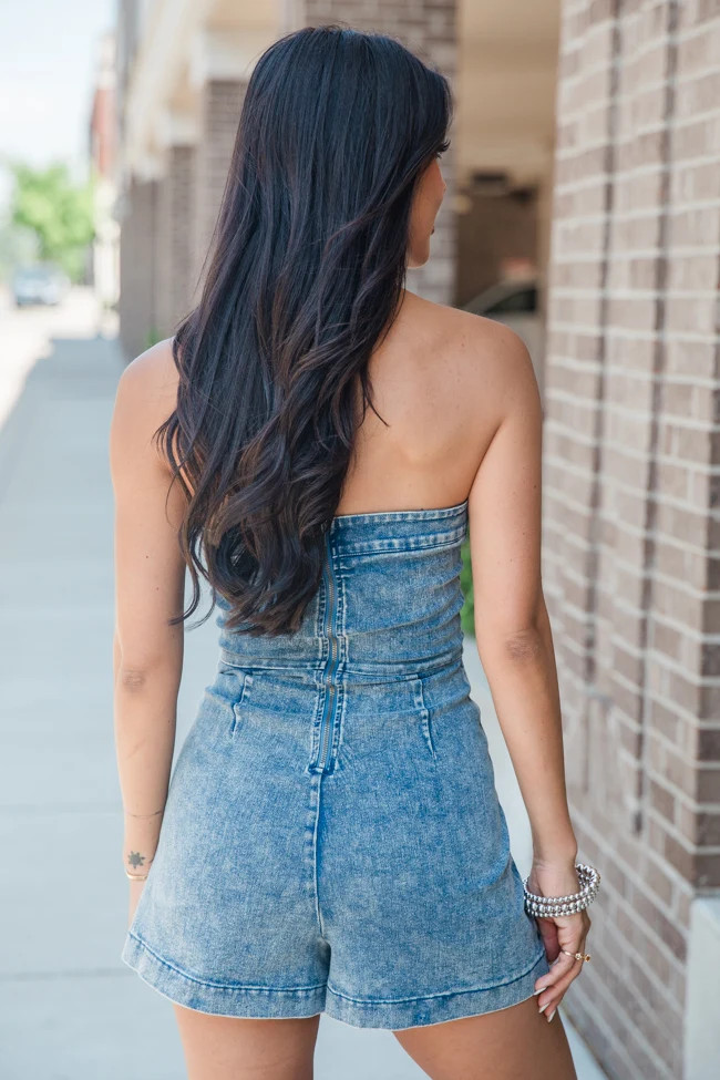 So You Say Strapless Denim Wrap Style Romper | Pink Lily