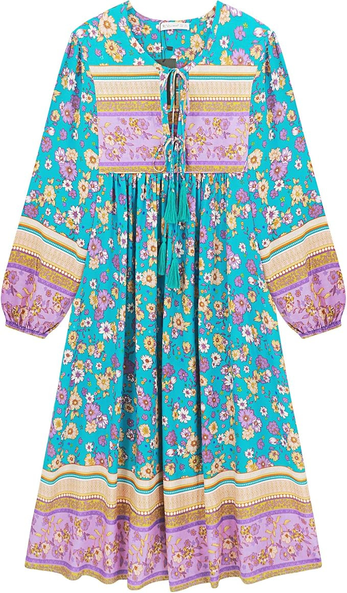 R.Vivimos Women's Long Sleeves Floral Print Retro V Neck Tassel Casual Bohemian Midi Dresses | Amazon (US)