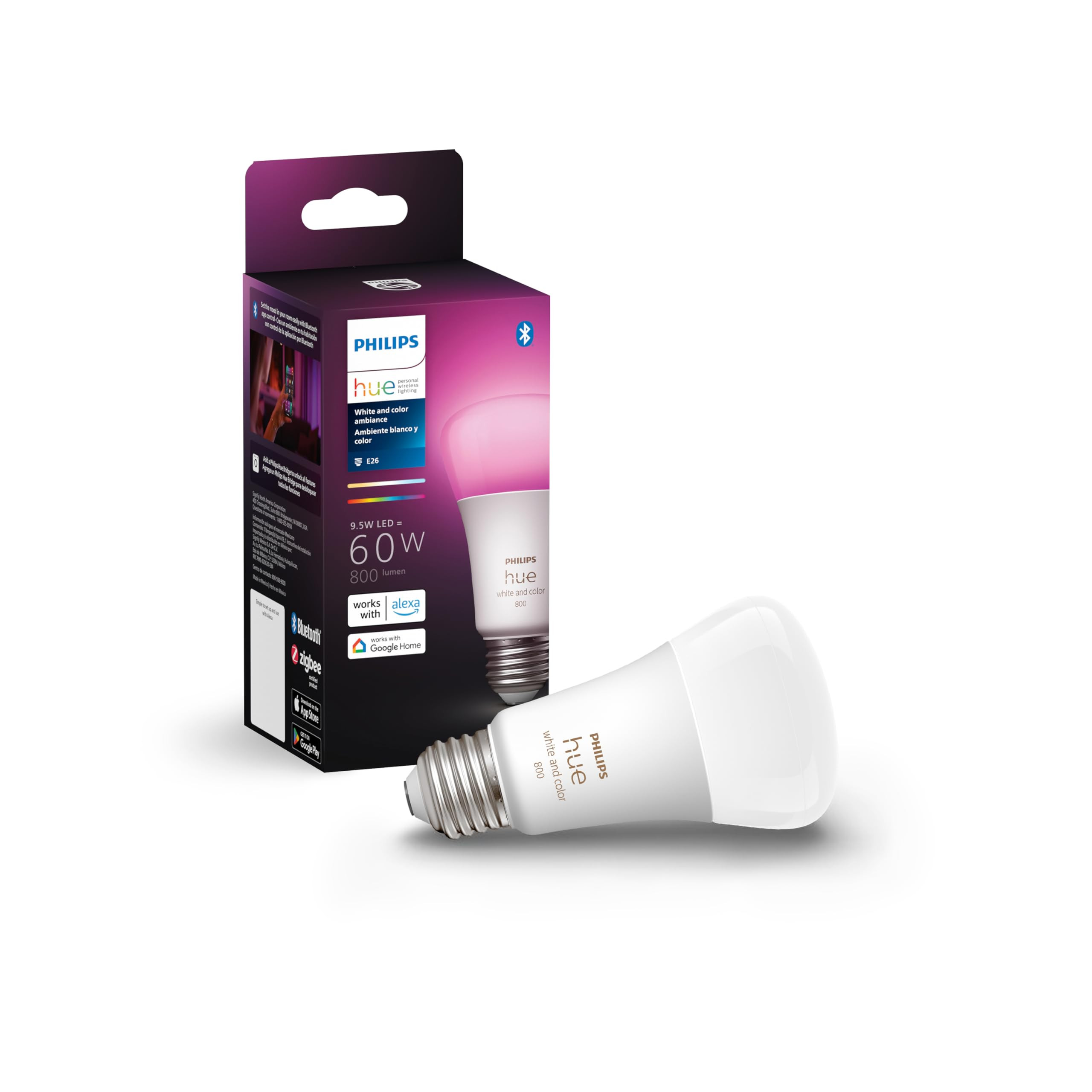 Philips Hue Smart 60W A19 LED Bulb - White and Color Ambiance Color-Changing Light - 1 Pack - 800... | Amazon (US)