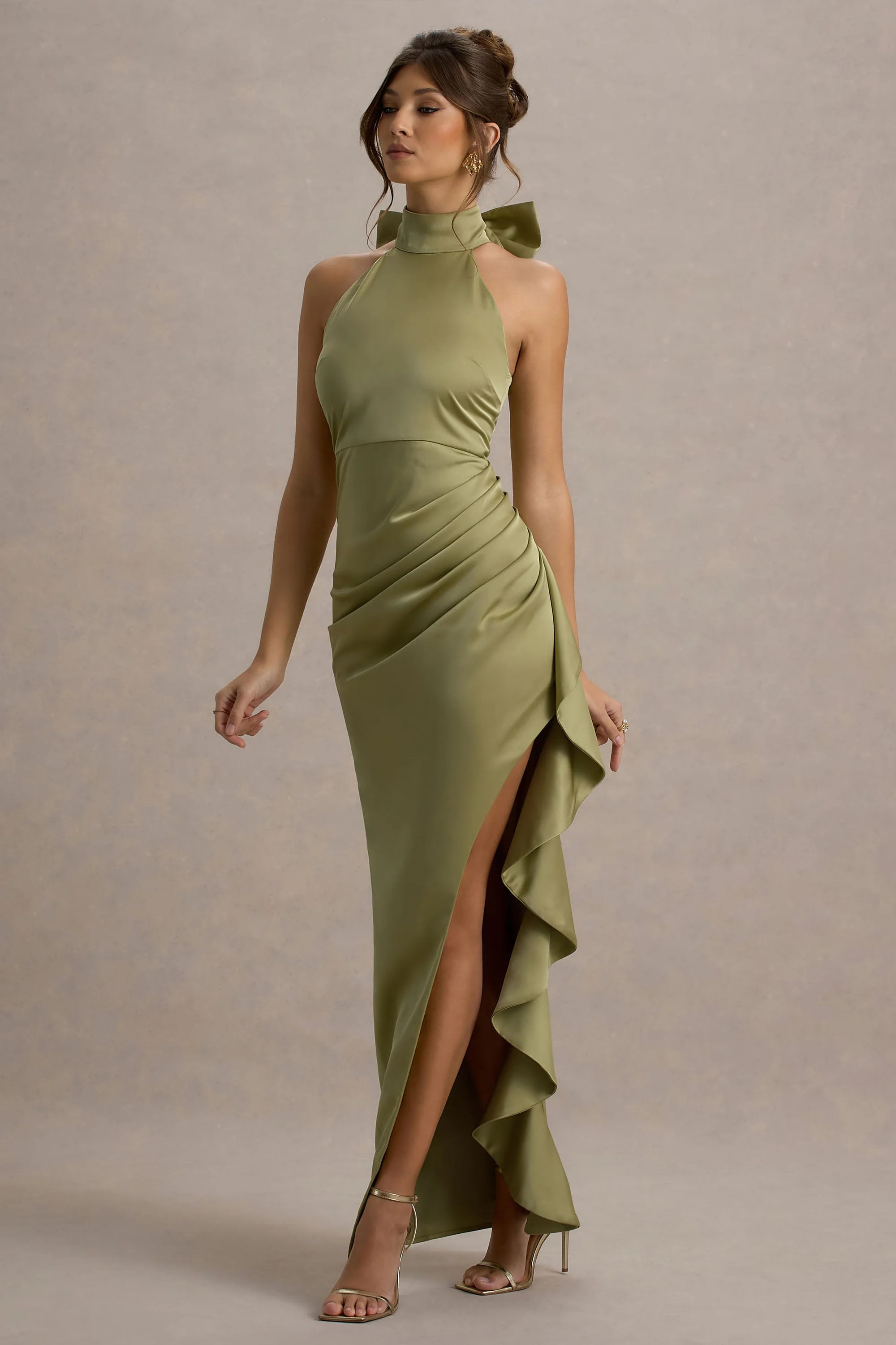 Maureen  Light Green Satin High-Neck Draped Maxi Dress | Club L London
