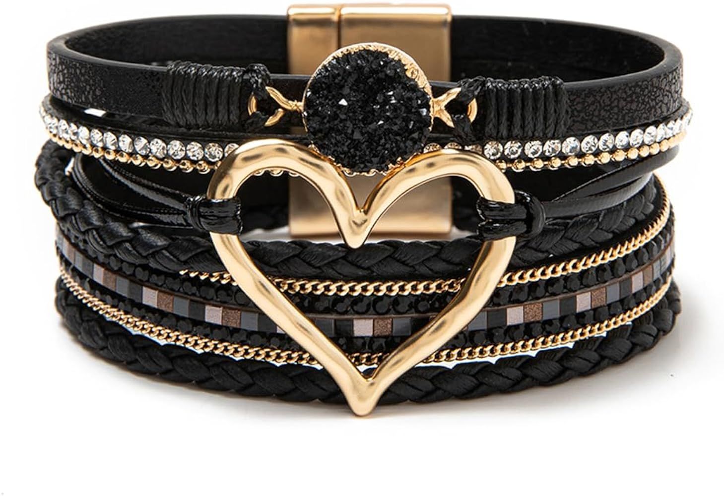 Rantanto Braid Leather Wrap Bracelet Trendy Stackable Crystal Cuff Boho Gold Heart Bracelet Jewel... | Amazon (US)