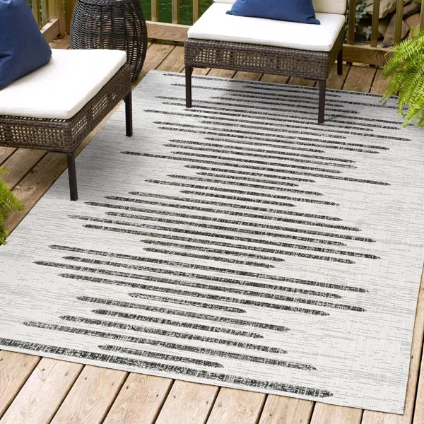 Exmore Berber Stripe Geometric Ivory/Black Indoor/Outdoor Rug | Wayfair North America