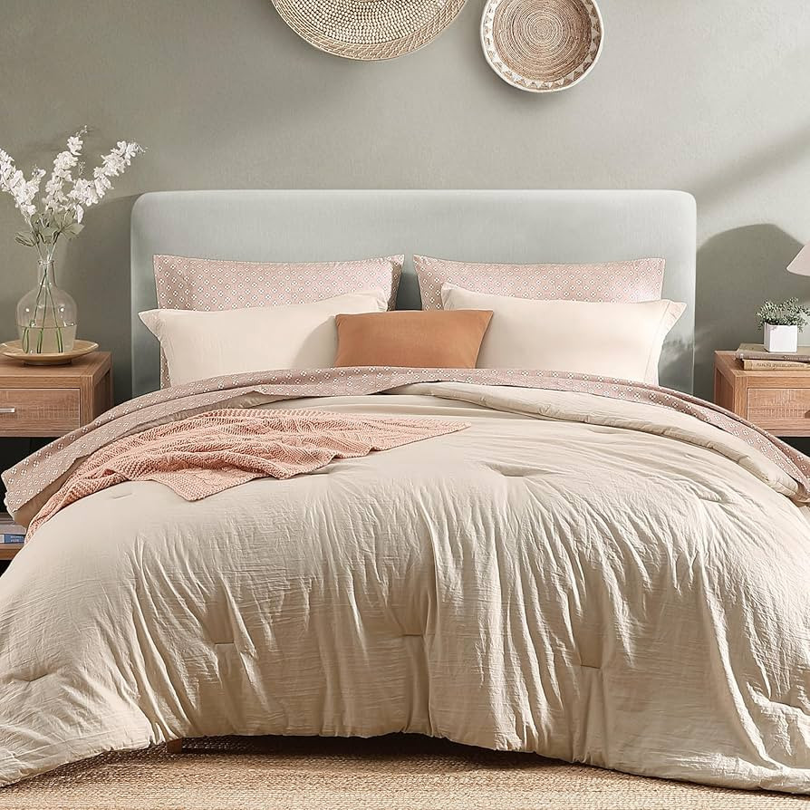 Monbix Queen Comforter Set - 7 Pieces Beige Prewashed Bed in a Bag Queen Bedding Sets with Comfor... | Amazon (US)