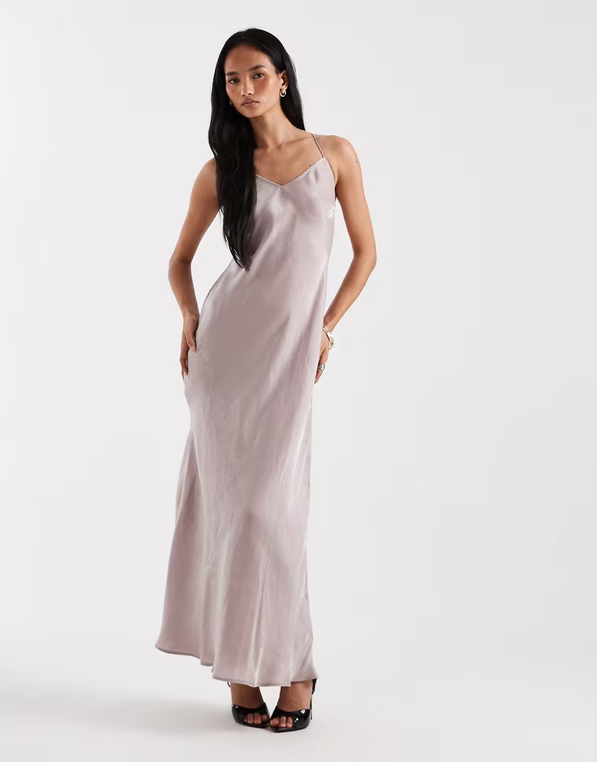 New Look shimmer satin maxi slip dress in pink | ASOS (Global)
