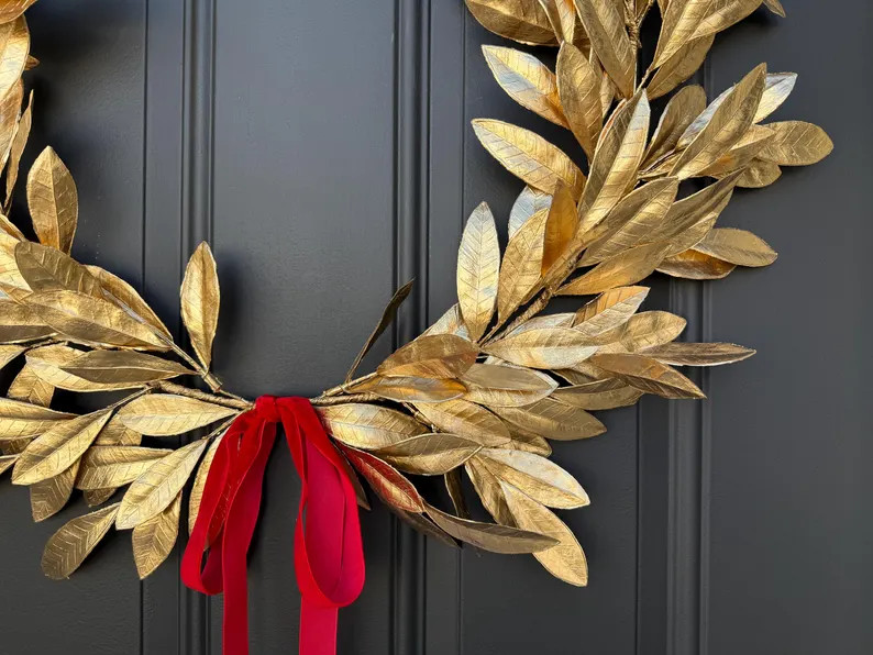 Gold Laurel Leaf Wreath With Red Velvet Ribbon, Holiday Door Decor - Etsy | Etsy (US)