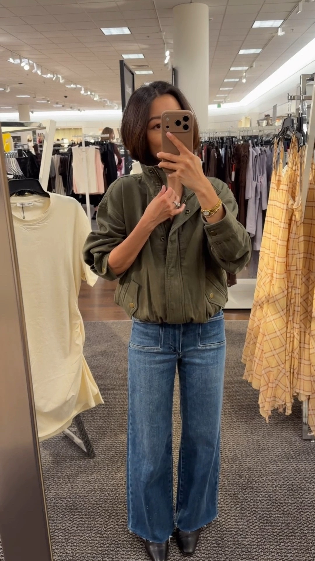 Such a cute cotton jacket trying size XS but would need XXs. 
• wearing my Paige Anessa crop jeans size 24. Soft and stretchy and perfect length for shorter petites as full length. Mine are an older wash 
• Steve Madden boots 5.5 from last year