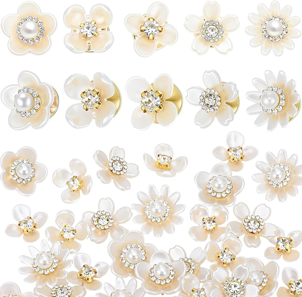 50 Pcs Flower Shape Pearl Rhinestone Buttons Embellishments Brooches and Pins for Women Lapel Pin... | Amazon (US)