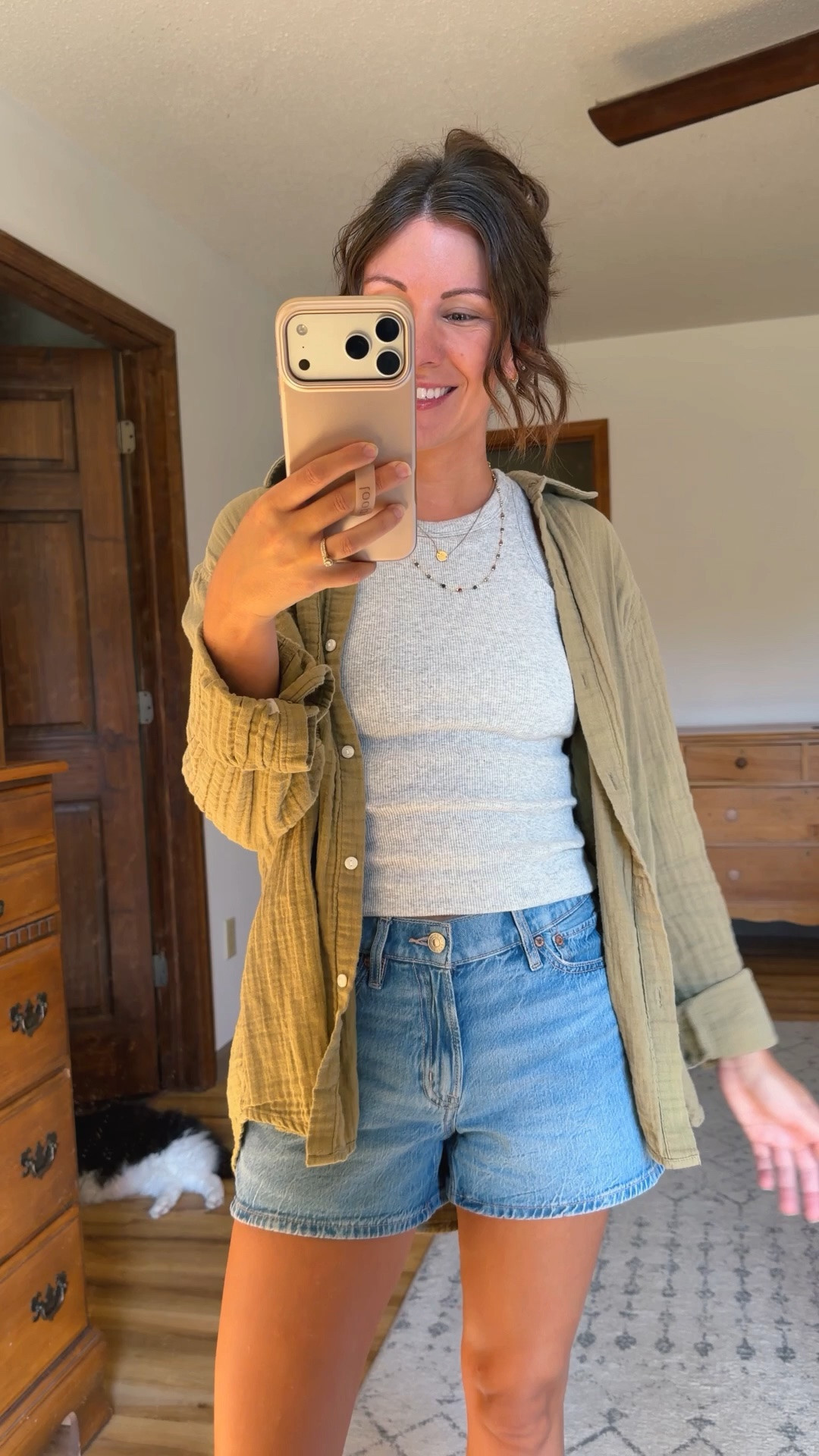 small in my tank (built in bra!), small in my gauze cotton button up and 00 in my denim shorts (dream blue). My birk sandals are size 6.

#LTKPetite #LTKSeasonal #LTKootd