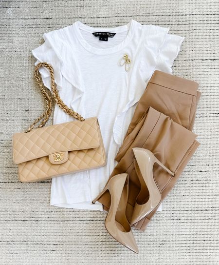 Summer outfit with white ruffled tee paired with tan skinny trousers and pumps for a classic look. Love this for workwear, date night and more! 

#LTKSeasonal #LTKstyletip