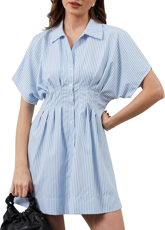 Striped Button Down Pleated Shirt Dress for Women | Amazon (US)