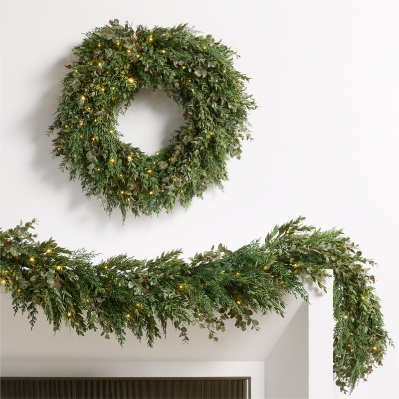 Faux Pre-Lit Cedar & Boxwood Wreath & Garland Set | Crate & Barrel | Crate & Barrel