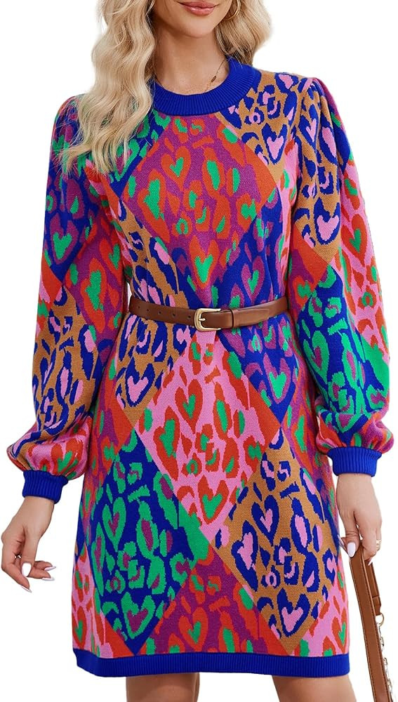 Kedera Mixed Leopard Pop Sweater Dress for Women Colorblock Balloon Sleeve Old Money Knit Sweater... | Amazon (US)