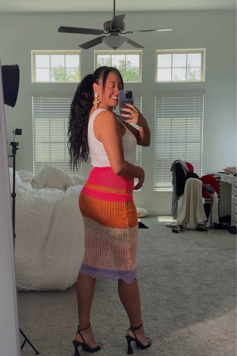 Multi color Crochet skirt paired with a one shoulder white top! #summeroufits #summerinspo 

#LTKMidsize #LTKParties #LTKSeasonal