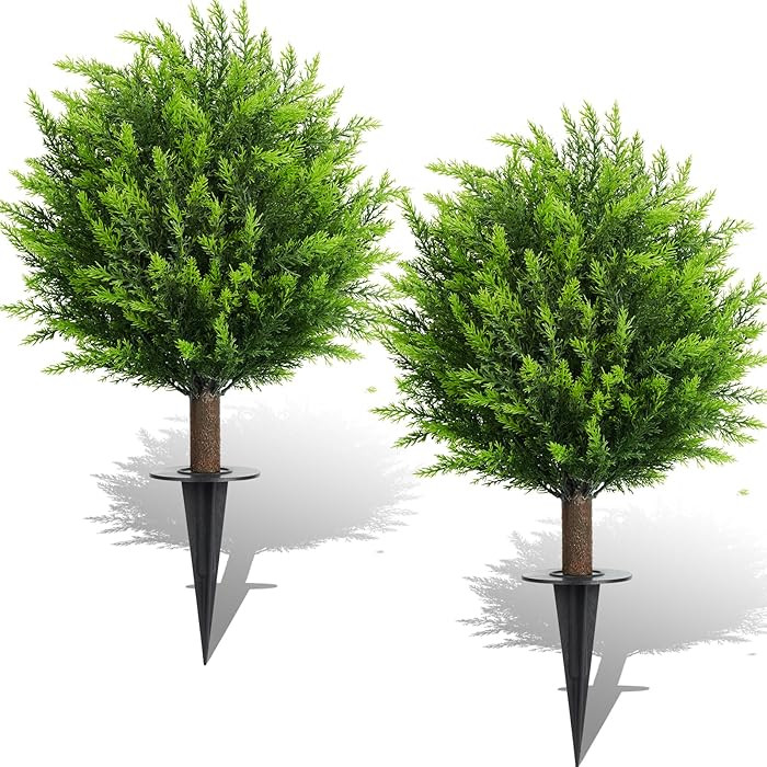 26.5" Artificial Cedar Topiary Ball Trees, Set of 2 UV Resistant Fake Evergreen Trees Shrubs Bush... | Amazon (US)