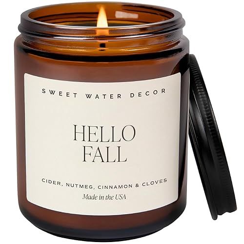 Sweet Water Decor Hello Fall Soy Candle - Hot Cider, Cinnamon, Cloves, Apple, and Nutmeg Fall Sce... | Amazon (US)