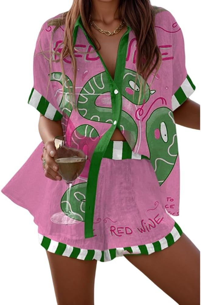 Nupucy Women's Vacation Beach Two Piece Outfits Casual Floral Button Down Shirt Tops and Drawstri... | Amazon (US)