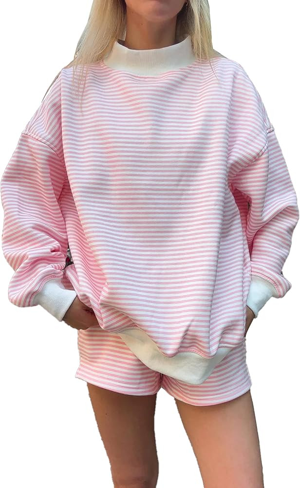 Women Oversized Mockneck Sweatshirt Striped Mock Neck Long Sleeve Pullover Sweatshirts Fall Winte... | Amazon (US)