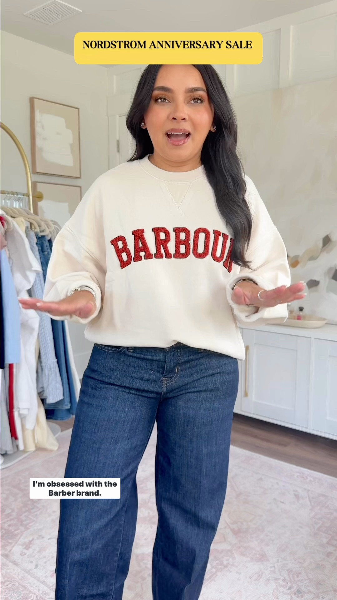 Nordstrom Anniversary Sale 

Barbour sweatshirt size 4 TTS - roomy fit
Frame jeans size 26 petite TTS
White beige brown stripe sneakers size 6.5 TTS

#LTKootd #LTKSaleAlert #LTKPetite
