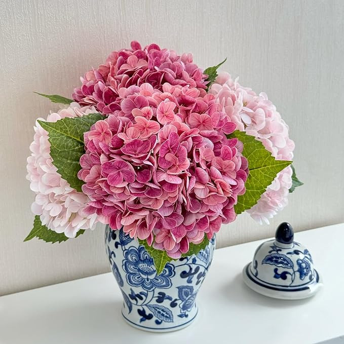 4 Pcs Real Touch Magenta/Pink Hydrangeas Artificial Flower 21 inches Realistic Faux Latex Hydrang... | Amazon (US)