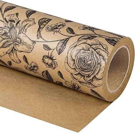 WRAPAHOLIC Kraft Floral Wrapping Paper Roll - Mini Roll - 17 Inch x 33 Feet - Vintage Black Flora... | Amazon (US)