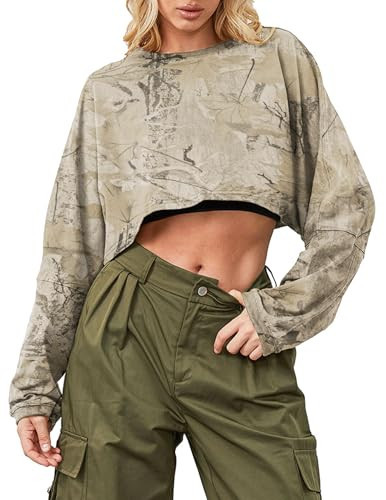 Ziesexy Camo Sweatshirt Long Sleeve Crop Top Oversized Loose Fit Camo Shirt Women Cropped Sweatshirt | Amazon (US)