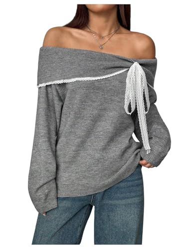 SOLY HUX Women's Off The Shoulder Sweater Pullover Lace Bow Tie Long Sleeve Knit Aesthetic Top Pure Grey Small | Amazon (US)