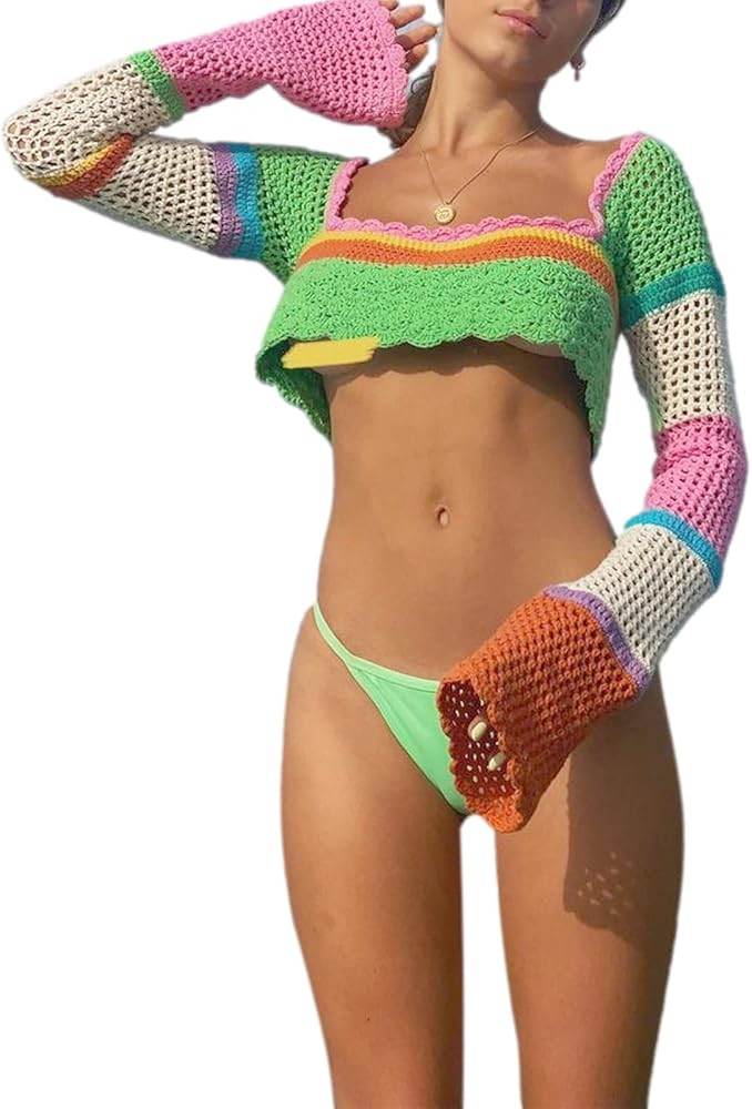 Women Long Sleeve Hollow Out Sweater Crop Top Y2k Crochet Knit Color Block Pullover Shirt Jumper Str | Amazon (US)