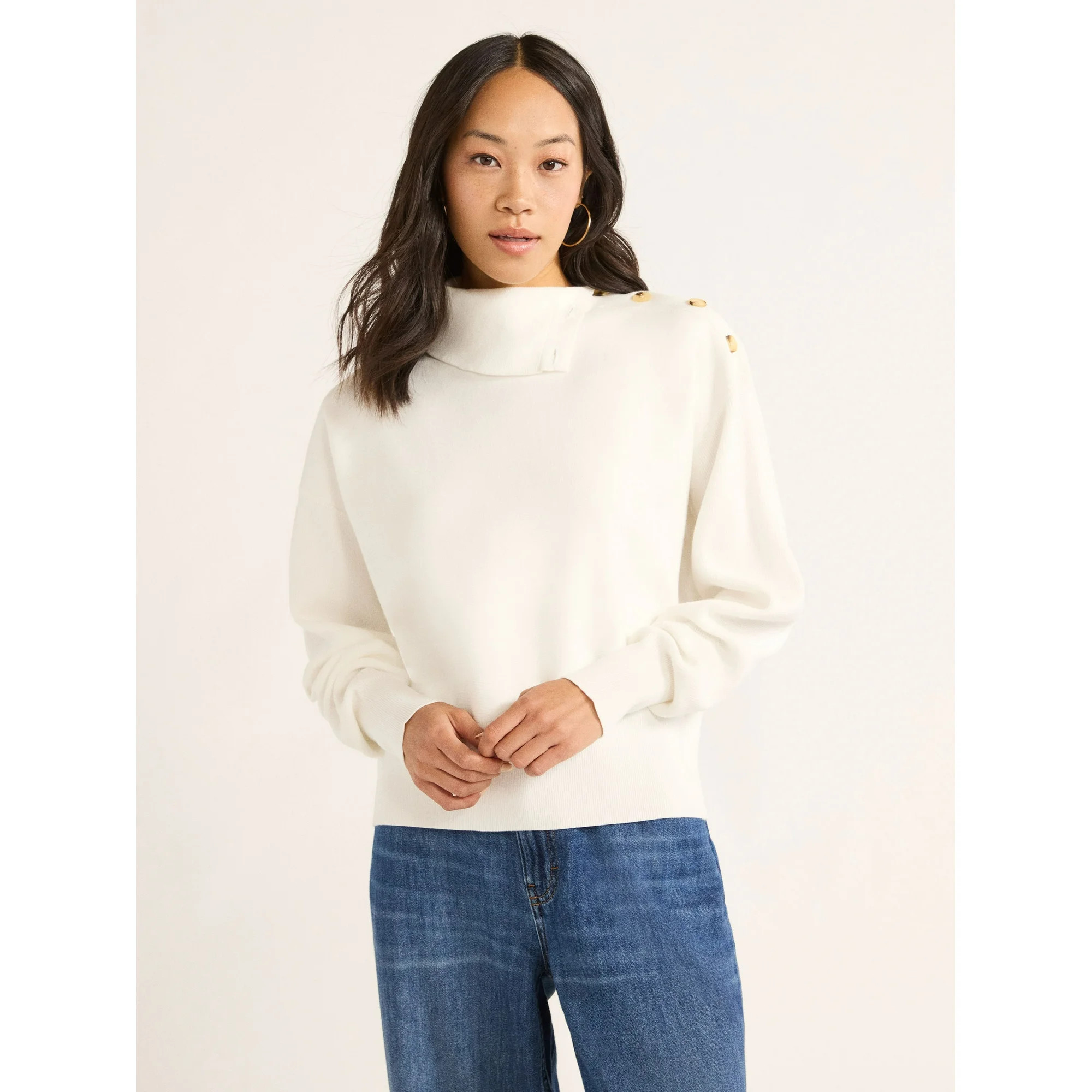 Free Assembly Women's Button Split Neck Sweater with Long-Sleeves, Midweight, Sizes XS-XXL | Walmart (US)