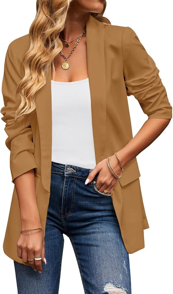 Vetinee Women's Casual Open Front Blazer Suit Pockets Work Office Cardigan Jacket | Amazon (US)
