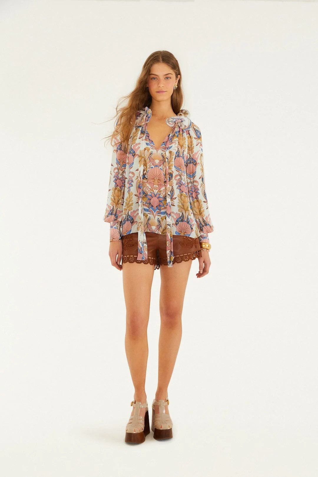 Off-White Sea Garden Ruffled Long Sleeve Blouse | FARM Rio | FarmRio (US)
