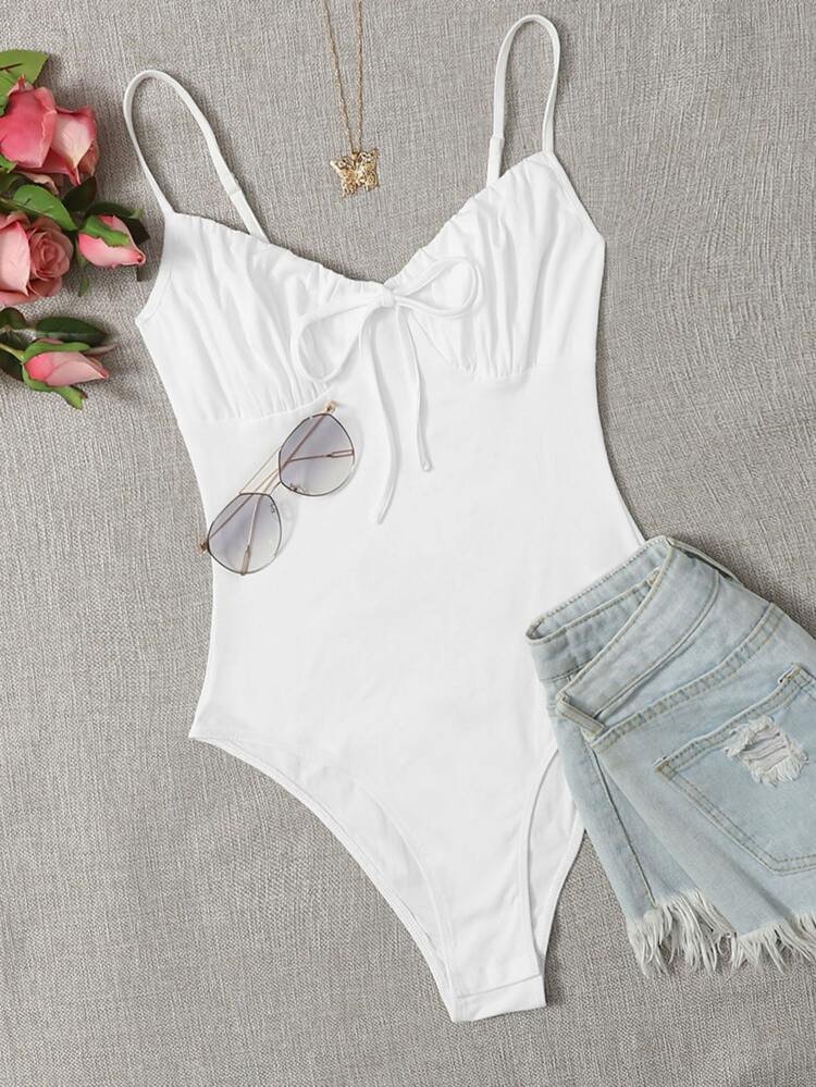 SHEIN Tie Front Ruched Bust Cami Bodysuit | SHEIN