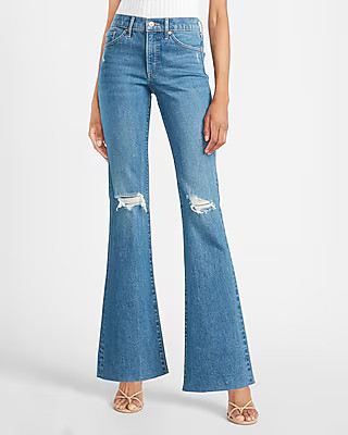 Mid Rise Ripped Raw Hem Slim Flare Jeans | Express