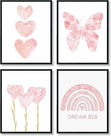 ULEGIE Toddler Girl Room Decor, Pink Girls Room Nursery Dream Big Wall Art Prints Set of 4, Water... | Amazon (US)