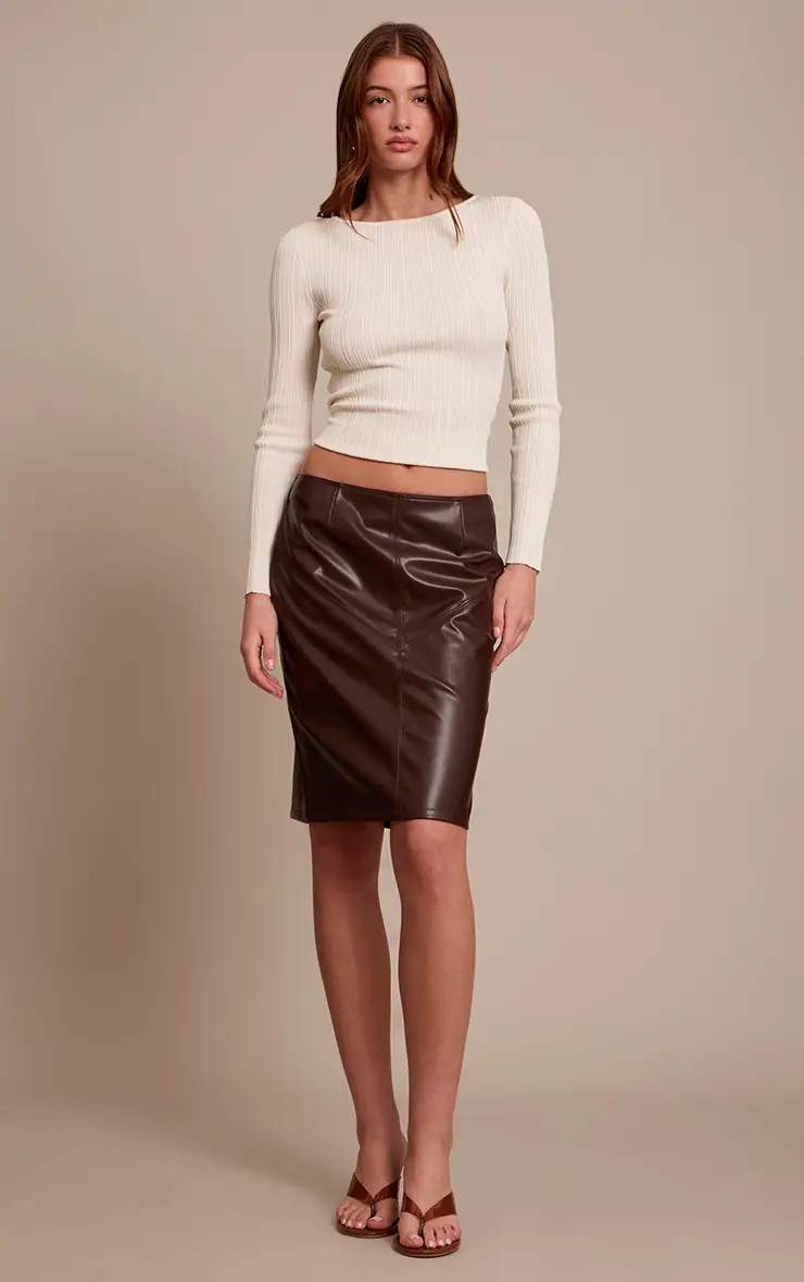 Brown Faux Leather Midi Skirt | PrettyLittleThing UK
